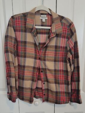 L.L. Bean Tan Plaid Flannel Shirt with Red and Olive Accents